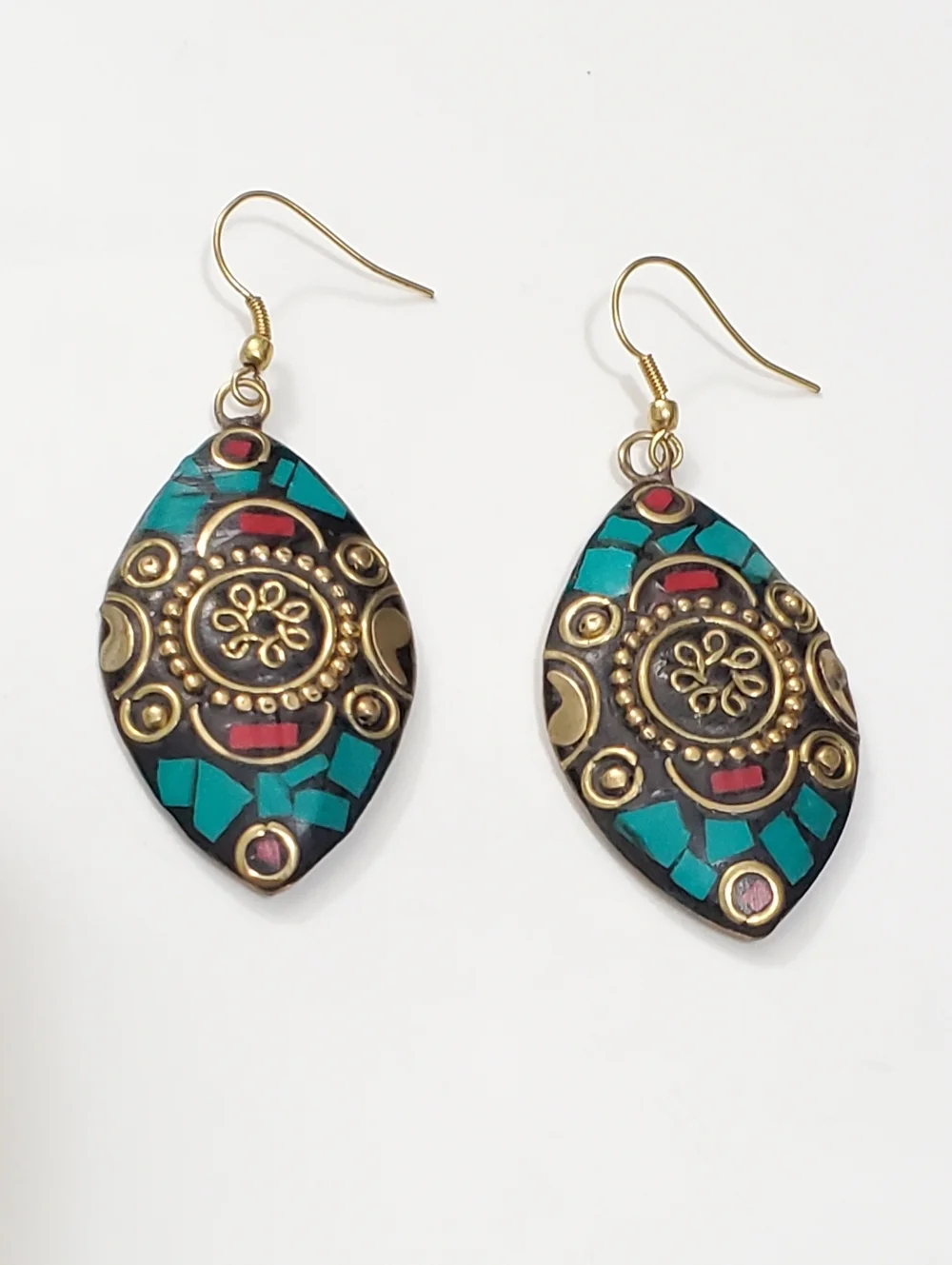 Tibetan Style Blue & Red Turquoise Dangle Earrings - Picture 3 of 6